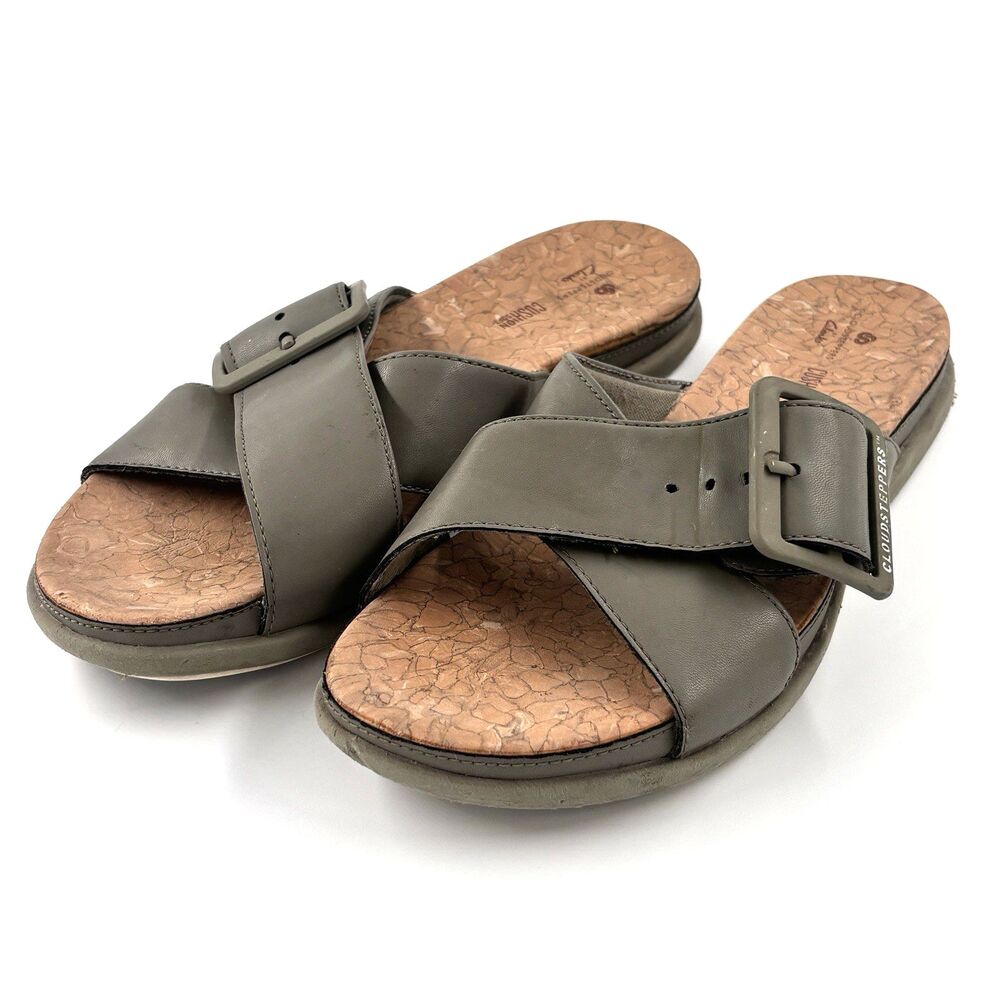 CLOUDSTEPPERS by Clarks Slide Sandals Step June Shell Dusty Olive Size 8 M